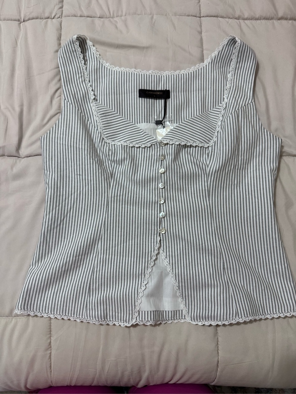 Commense Gray & White Striped Lace-Trim Vest